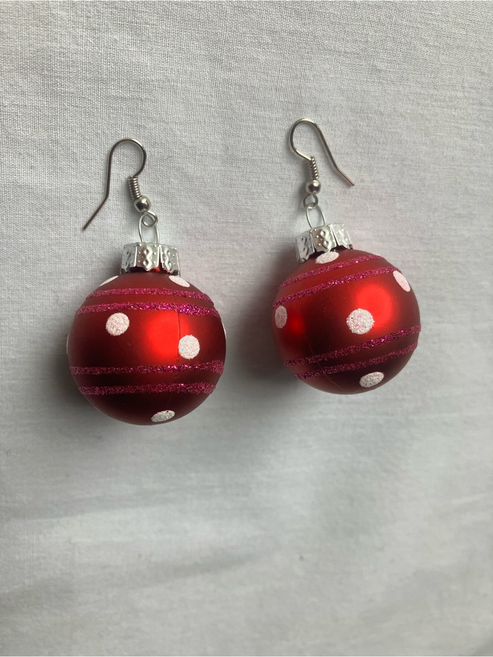 Christmas Ornament Earrings red with white polka dots and pink stripes
